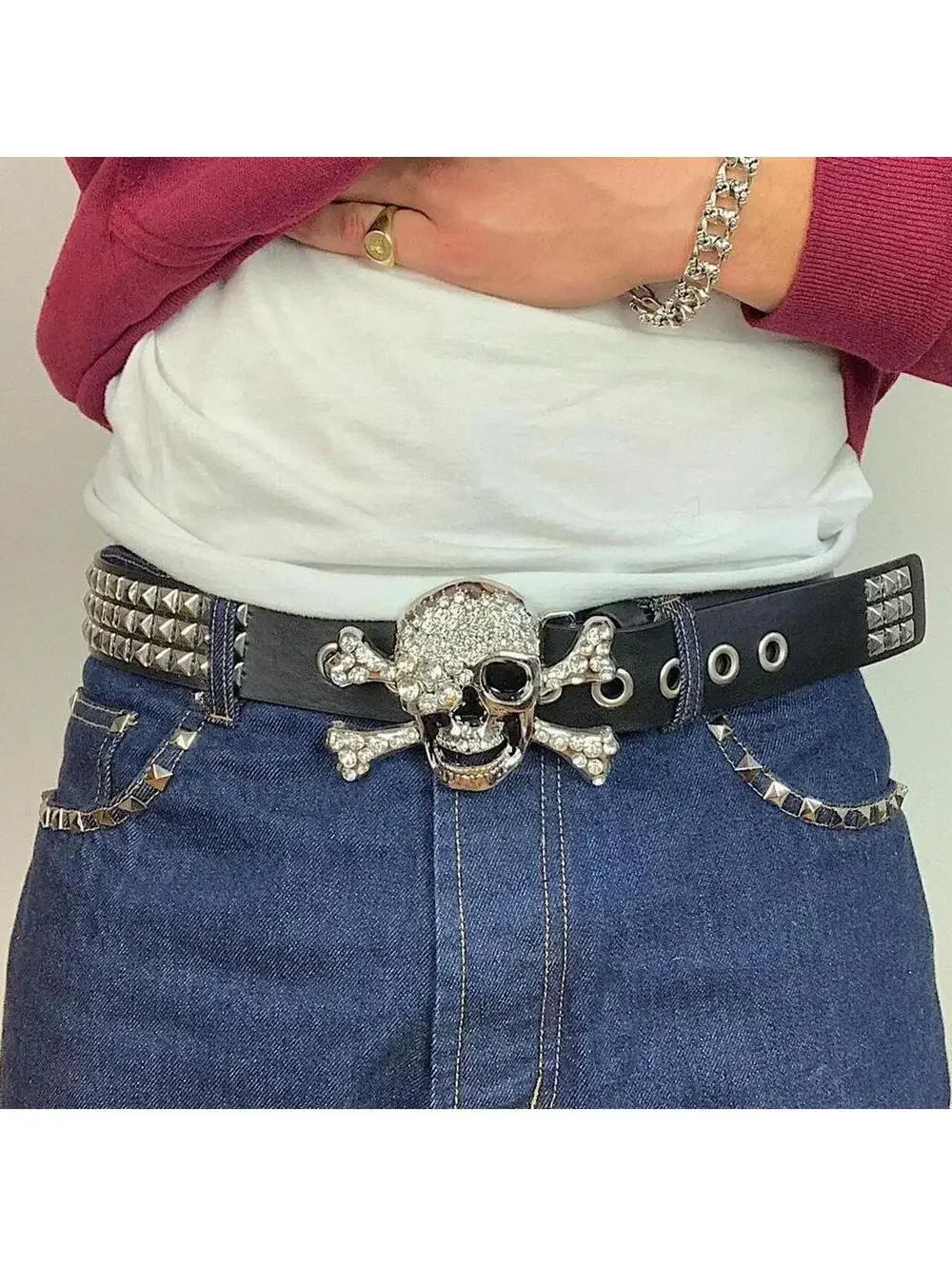 Vintage y2k 2000s Punk Style Diamond Studded Skeleton black essential belt.